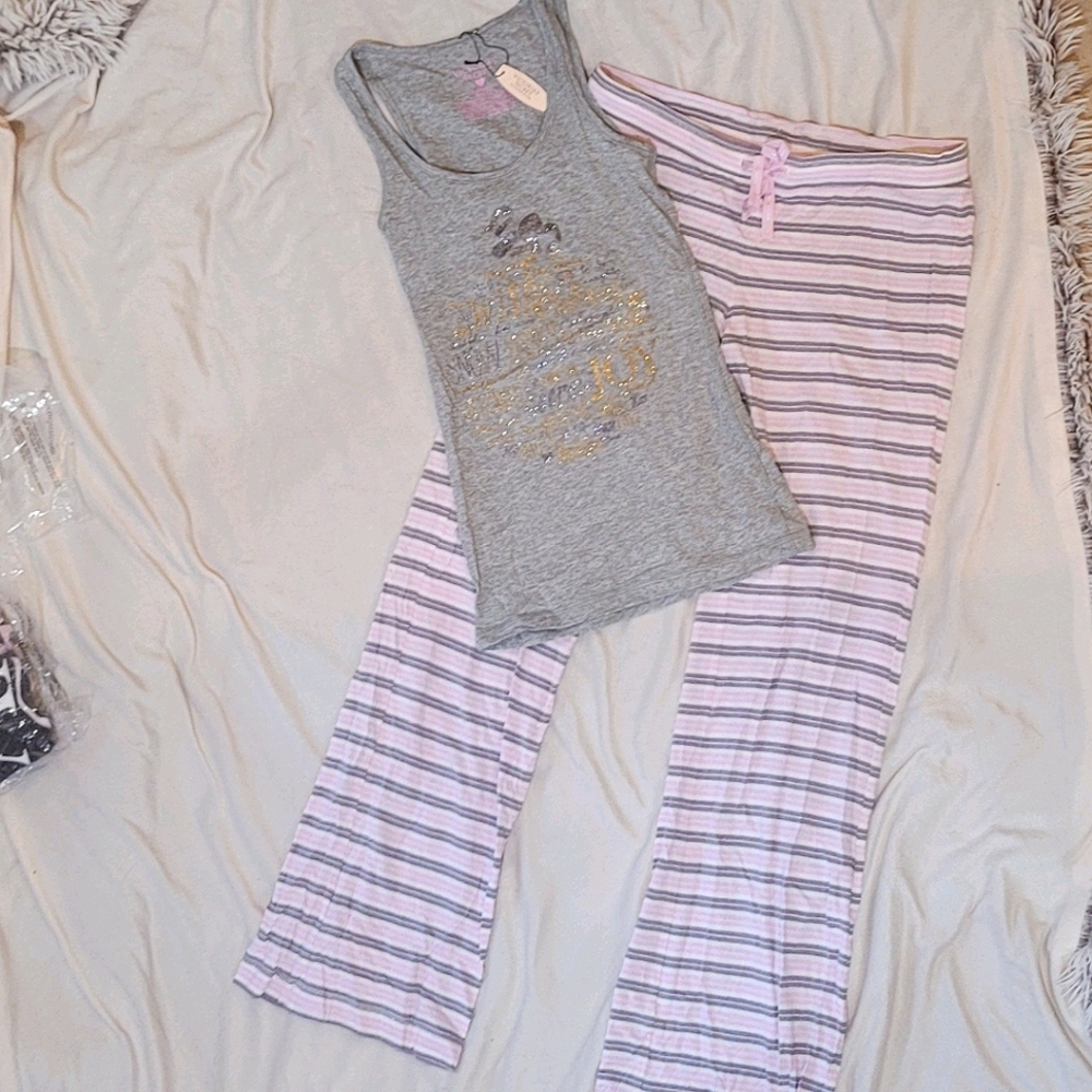 Victoria's Secret Tank Pajama Set Pink Gray Multicolor Gold Sparkle